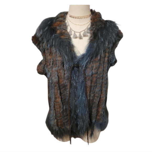 Dana Stein Jackets & Blazers - Vintage Dana Stein Collared Blue Brown Rabbit Racoon Fur Vest Coat Size XL